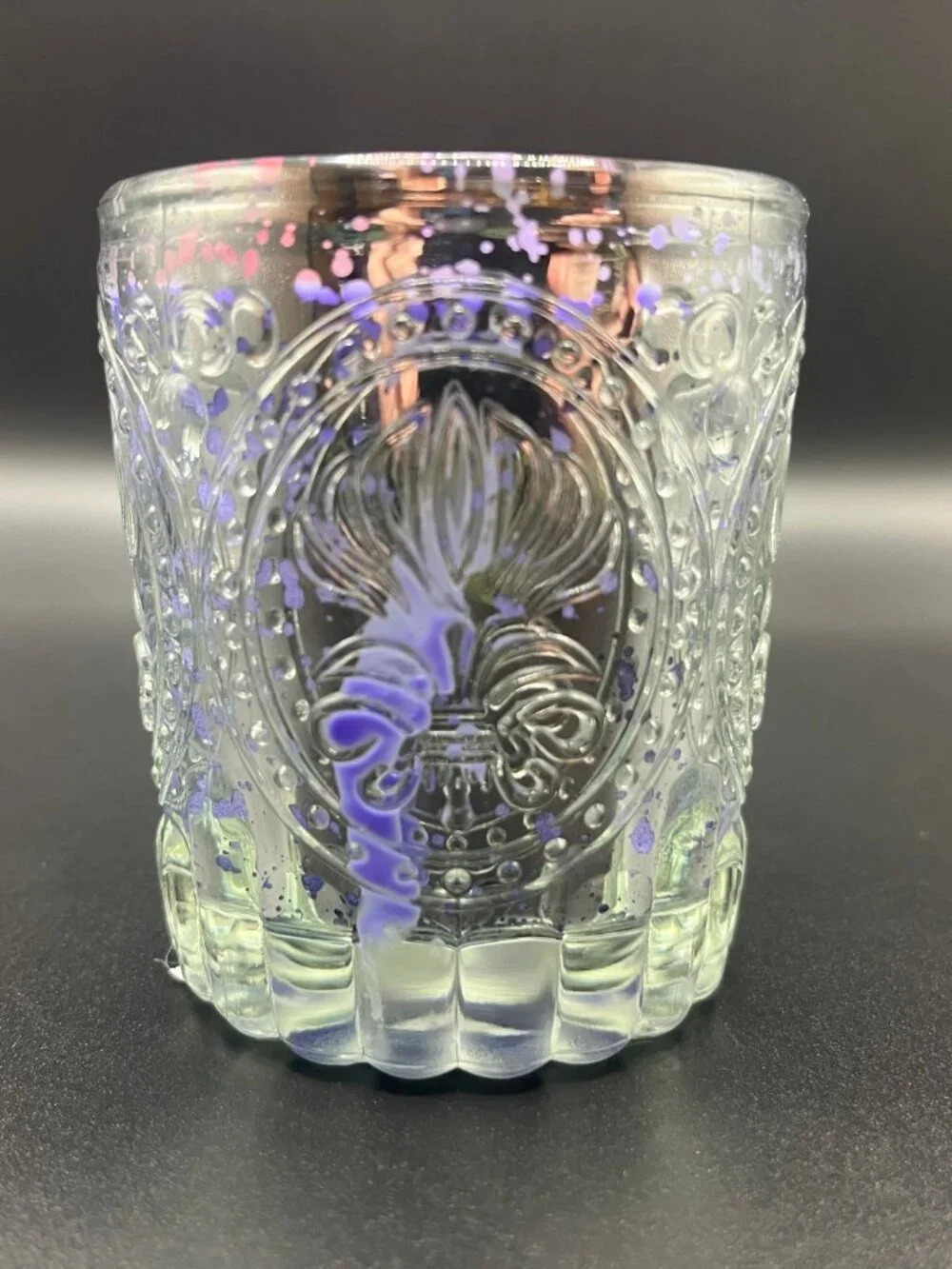 Embossed Fleur-de-Lis Glass Candle with Purple Wax and Pressed Red Flower